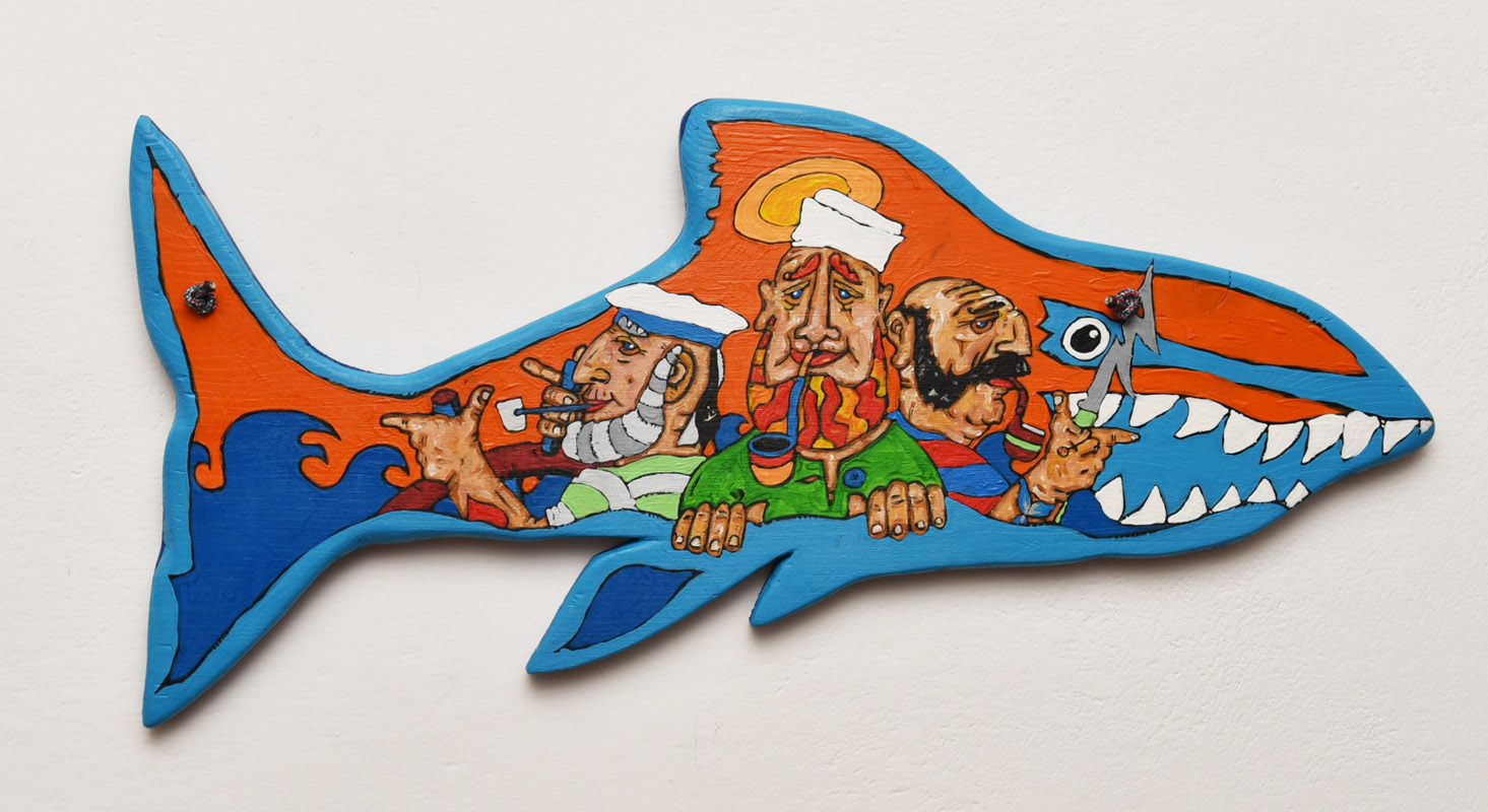 ajkula -shark, akril na drvetu, 57x25cm,70eura